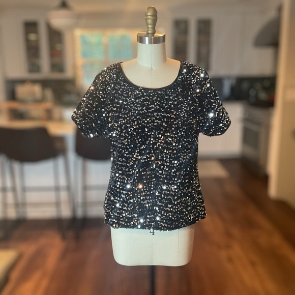 Anna-Kaci Sparkle & Shine Black Sequin Short Sleeve Top Large EUC - Picture 6 of 12
